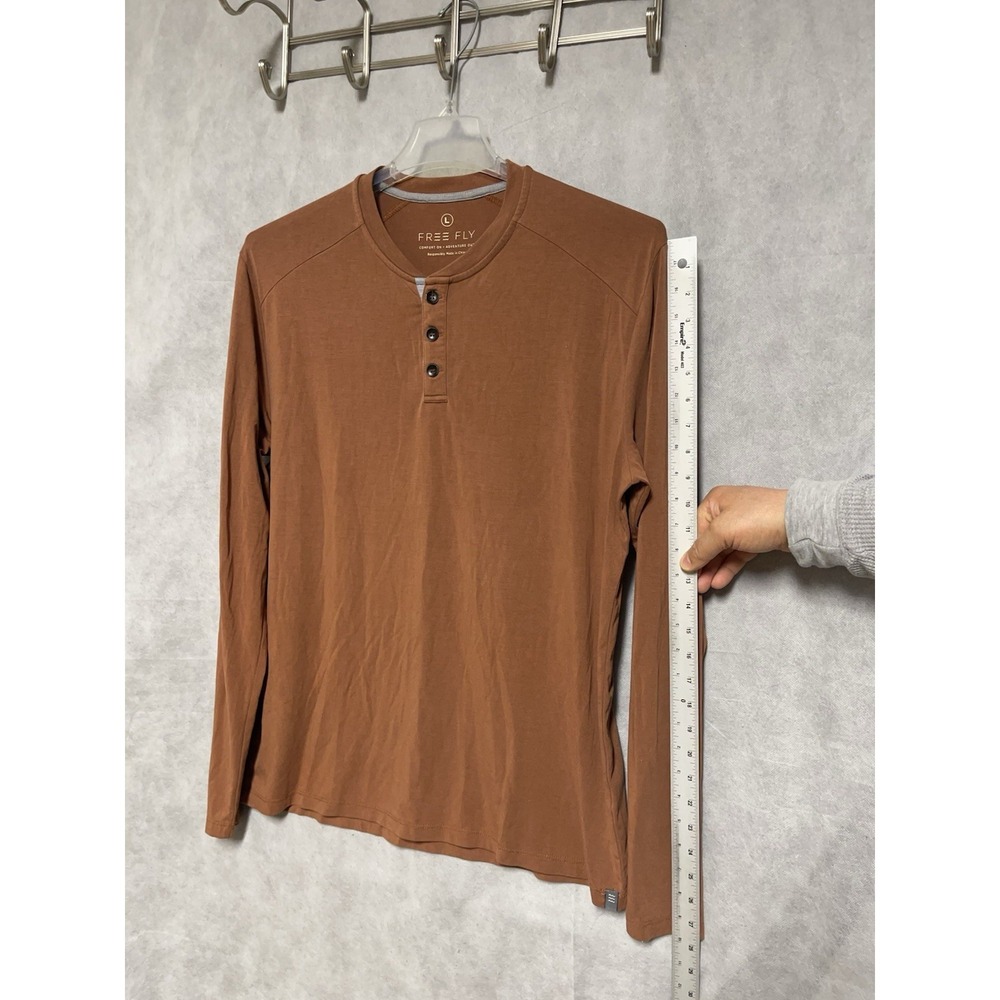 Free Fly Shirt Men L Brown Henley Bamboo Blend Stretch Active Workout L/S Tee - Picture 4 of 8